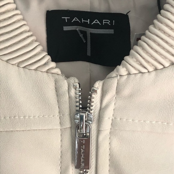 Tahari Faux Leather Beige Bomber Jacket - Picture 9 of 10